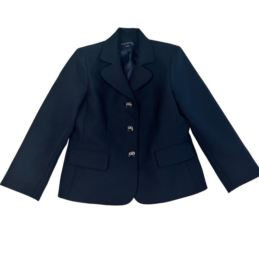 Evan-Picone Navy Blue Textured Three Button Blazer Jacket ‎ Women's Size 8 Lined